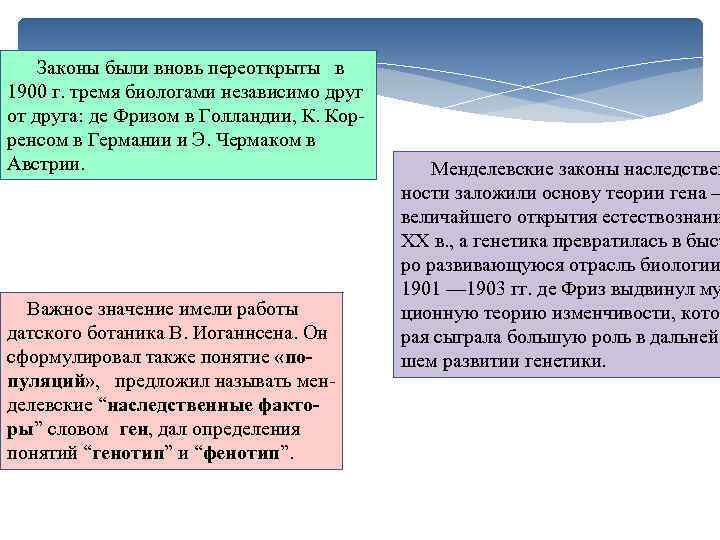  Законы были вновь переоткрыты в 1900 г. тремя биологами независимо друг от друга: