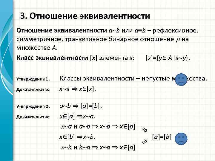 3. Отношение эквивалентности a b или a b – рефлексивное, симметричное, транзитивное бинарное отношение