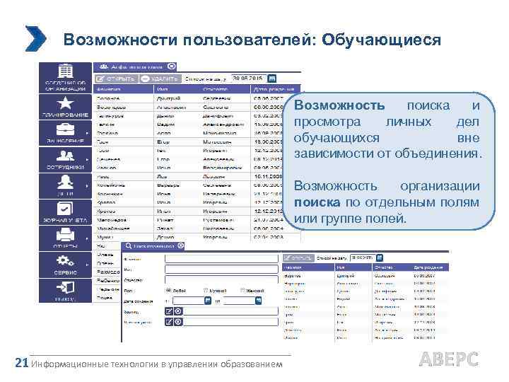 Возможности пользователей: Обучающиеся Возможность поиска и просмотра личных дел обучающихся вне зависимости от объединения.