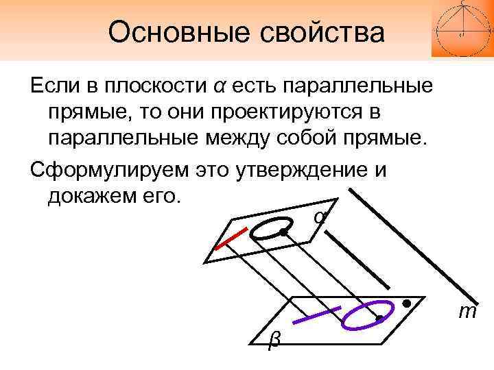 Основные свойства Если в плоскости α есть параллельные прямые, то они проектируются в параллельные