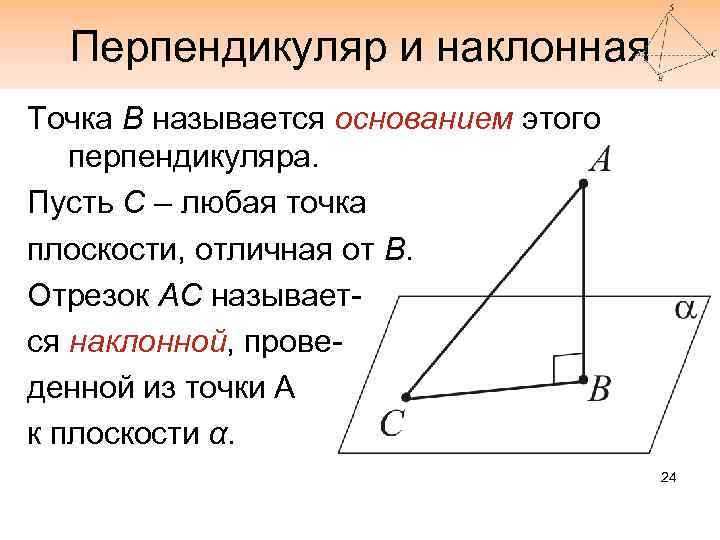 Перпендикуляр и наклонная Точка В называется основанием этого перпендикуляра. Пусть С – любая точка