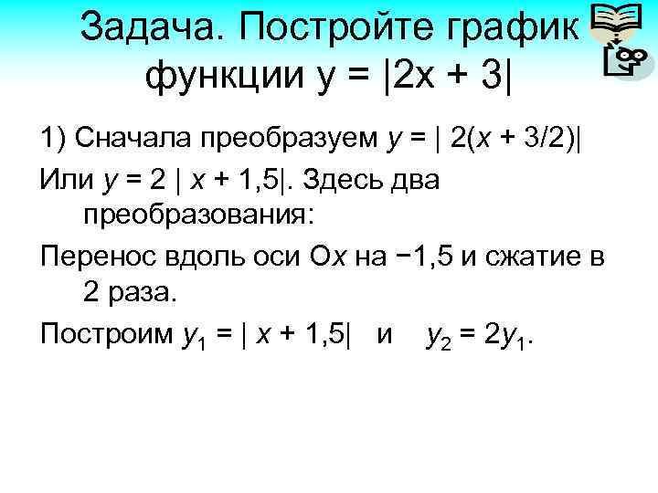 Задача. Постройте график функции у = |2 x + 3| 1) Сначала преобразуем у