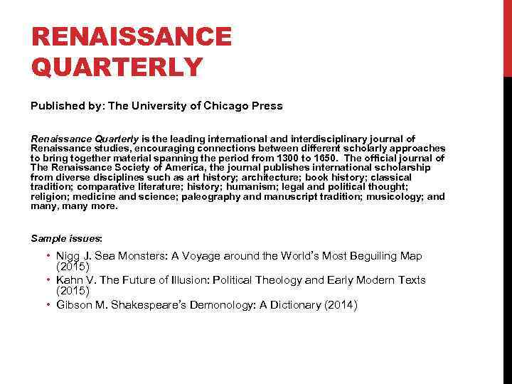 RENAISSANCE QUARTERLY Published by: The University of Chicago Press Renaissance Quarterly is the leading