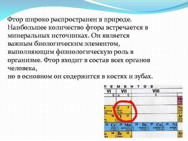 Фтор широко распространен в природе. Наибольшее количество фтора встречается в минеральных источниках. Он является