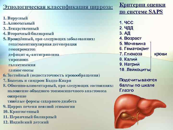 Этиологическая классификация цирроза: 1. Вирусный 2. Алкогольный 3. Лекарственный 4. Вторичный билиарный 5. Врождённый,