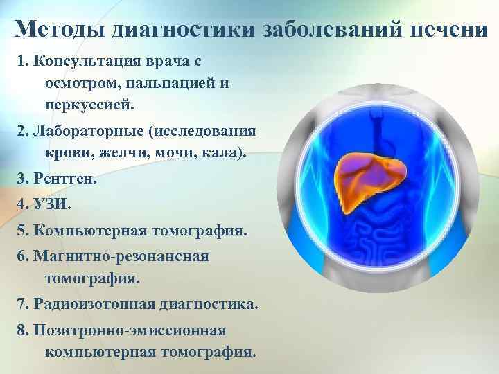 Методы диагностики заболеваний печени 1. Консультация врача с осмотром, пальпацией и перкуссией. 2. Лабораторные