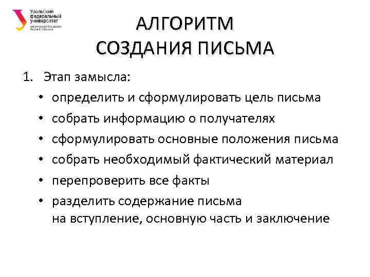 АЛГОРИТМ СОЗДАНИЯ ПИСЬМА 1. Этап замысла: • определить и сформулировать цель письма • собрать