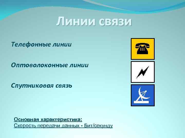 Линии связи Телефонные линии Оптоволоконные линии Спутниковая связь Основная характеристика: Скорость передачи данных -