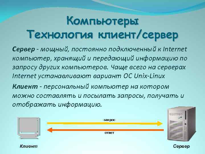 Компьютеры Технология клиент/сервер Сервер - мощный, постоянно подключенный к Internet компьютер, хранящий и передающий