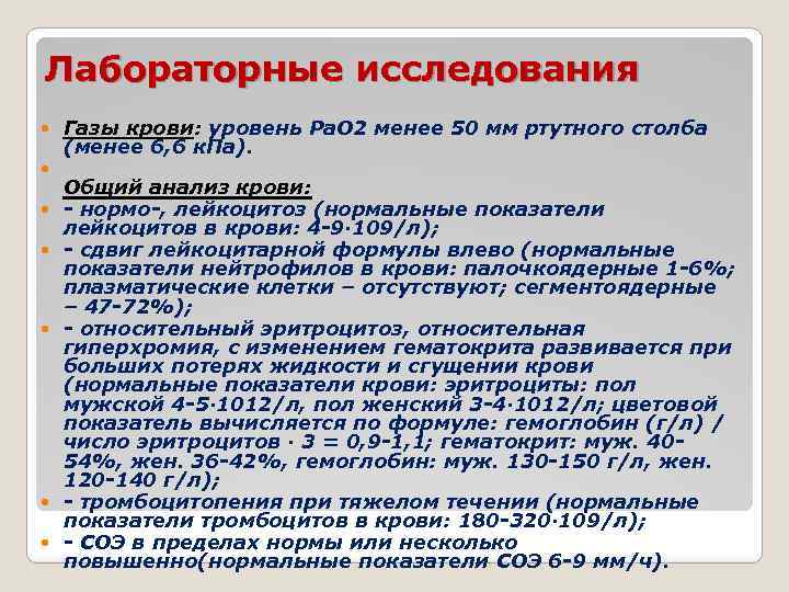 Лабораторные исследования Газы крови: уровень Ра. О 2 менее 50 мм ртутного столба (менее