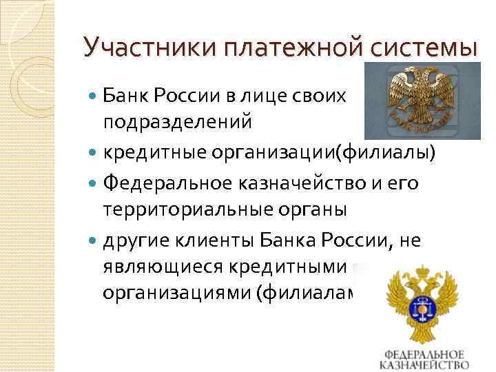 Участники платежной системы Банк России в лице своих подразделений кредитные организации(филиалы) Федеральное казначейство и