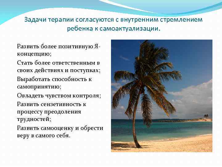 Задачи терапии согласуются с внутренним стремлением ребенка к самоактуализации. Развить более позитивную Яконцепцию; Стать