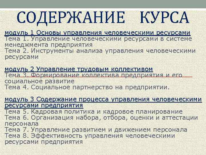 СОДЕРЖАНИЕ КУРСА модуль 1 Основы управления человеческими ресурсами Тема 1. Управление человеческими ресурсами в
