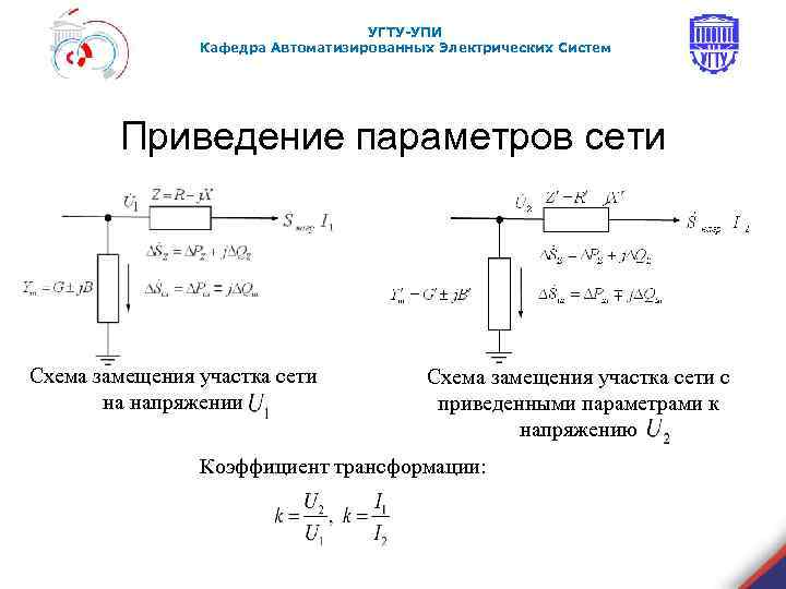 УГТУ-УПИ Кафедра Автоматизированных Электрических Систем Приведение параметров сети Схема замещения участка сети на напряжении