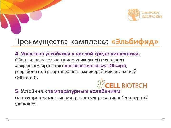 Преимущества комплекса «Эльбифид» 4. Упаковка устойчива к кислой среде кишечника. Обеспечено использованием уникальной технологии
