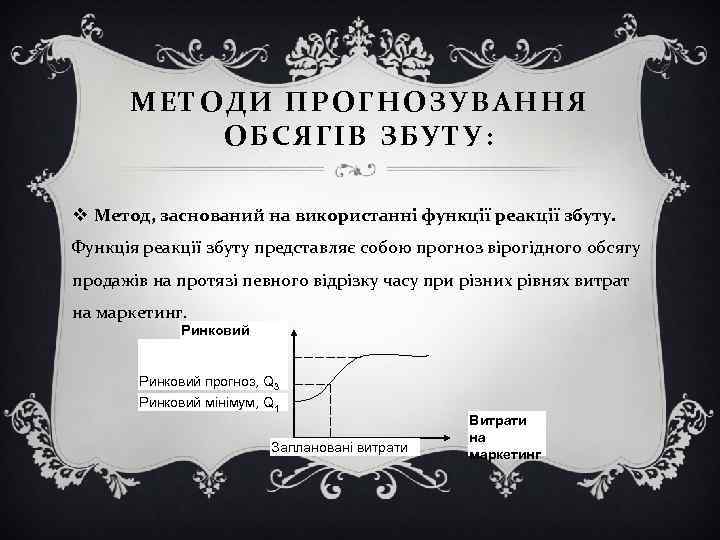 МЕТОДИ ПРОГНОЗУВАННЯ ОБСЯГІВ ЗБУТУ: v Метод, заснований на використанні функції реакції збуту. Функція реакції