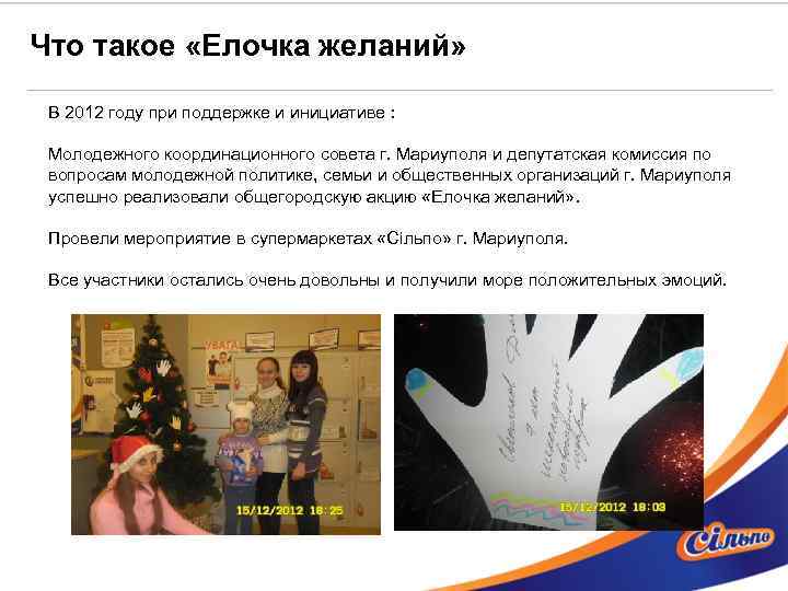 Что такое «Елочка желаний» В 2012 году при поддержке и инициативе : Молодежного координационного