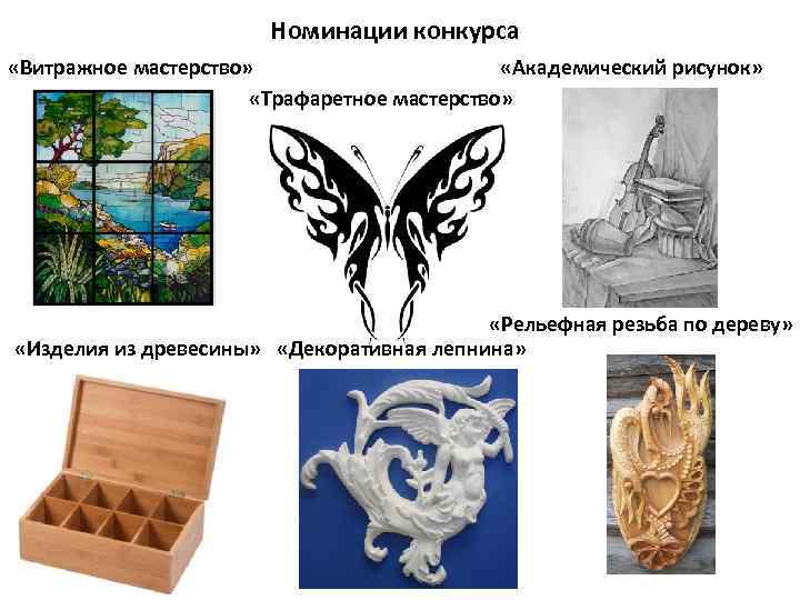 Номинации конкурса «Витражное мастерство» «Академический рисунок» «Трафаретное мастерство» «Рельефная резьба по дереву» «Изделия из