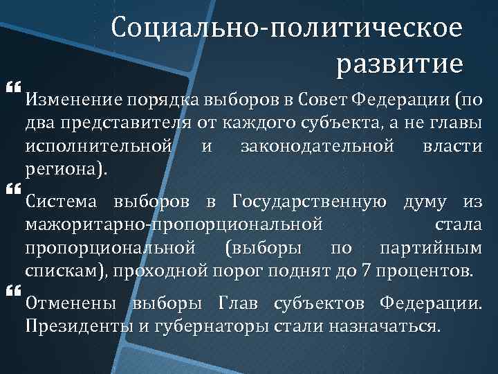 Социально-политическое развитие Изменение порядка выборов в Совет Федерации (по два представителя от каждого субъекта,