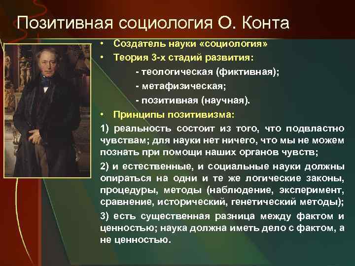 Позитивная социология О. Конта • Создатель науки «социология» • Теория 3 -х стадий развития: