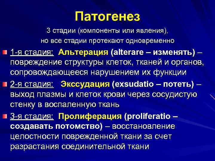 Патогенез 3 стадии (компоненты или явления), но все стадии протекают одновременно 1 -я стадия: