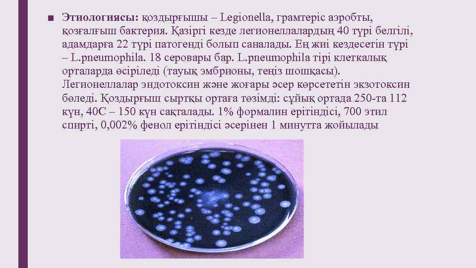 ■ Этиологиясы: қоздырғышы – Legionella, грамтеріс аэробты, қозғалғыш бактерия. Қазіргі кезде легионеллалардың 40 түрі