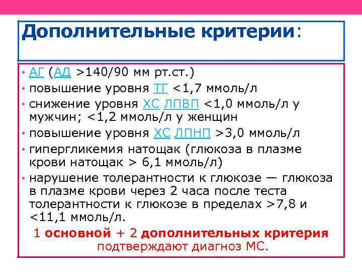 Дополнительные критерии: • АГ (АД >140/90 мм рт. ст. ) • повышение уровня ТГ