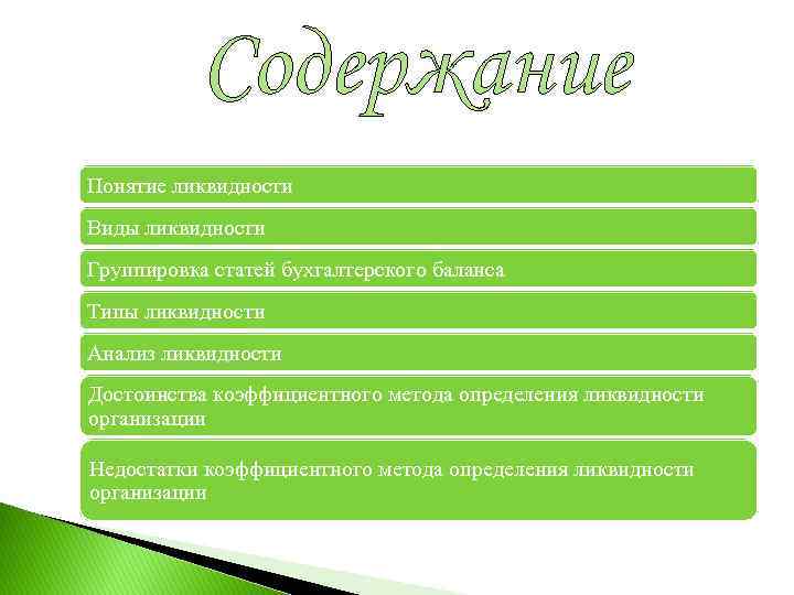 Содержание Понятие ликвидности Виды ликвидности Группировка статей бухгалтерского баланса Типы ликвидности Анализ ликвидности Достоинства