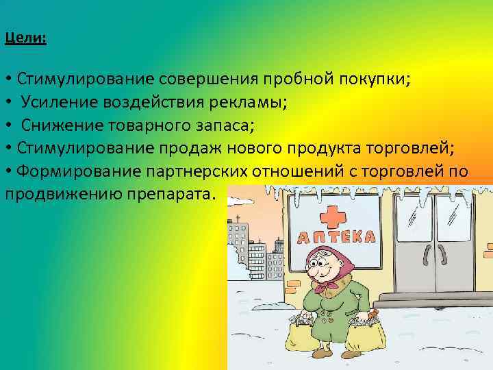 Цели: • Стимулирование совершения пробной покупки; • Усиление воздействия рекламы; • Снижение товарного запаса;