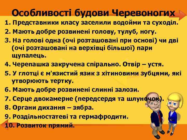 Особливості будови Черевоногих 1. Представники класу заселили водойми та суходіл. 2. Мають добре розвинені