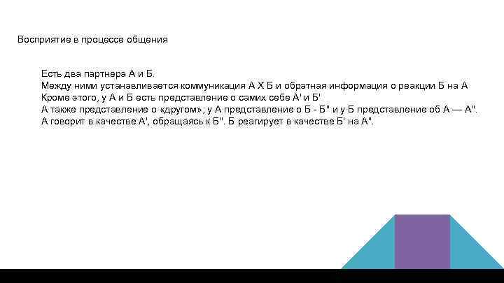 Восприятие в процессе общения Есть два партнера А и Б. Между ними устанавливается коммуникация