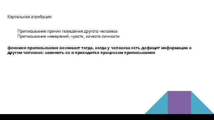 Каузальная атрибуция Приписывание причин поведения другого человека Приписывание намерений, чувств, качеств личности феномен приписывания