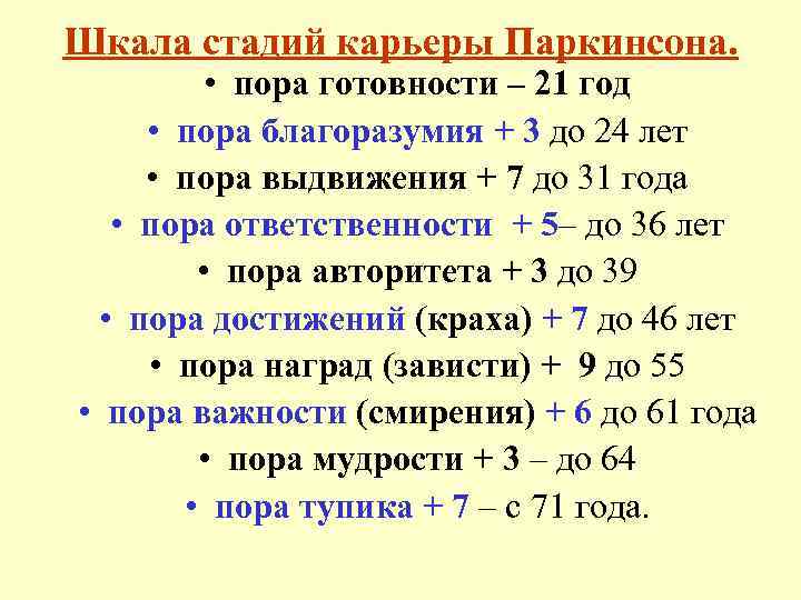 Шкала стадий карьеры Паркинсона. • пора готовности – 21 год • пора благоразумия +