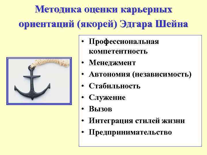 Методика оценки карьерных ориентаций (якорей) Эдгара Шейна • Профессиональная компетентность • Менеджмент • Автономия