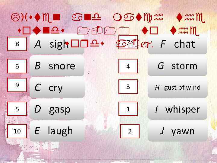 Listen and match the sounds 1 -10 to the 7 8 words a-j. F