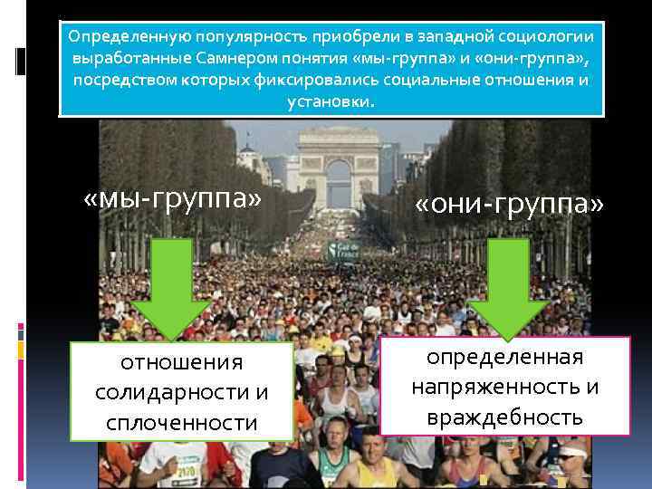 Определенную популярность приобрели в западной социологии выработанные Самнером понятия «мы-группа» и «они-группа» , посредством