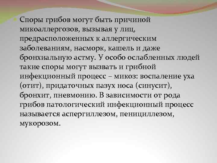  Споры грибов могут быть причиной микоаллергозов, вызывая у лиц, предрасположенных к аллергическим заболеваниям,