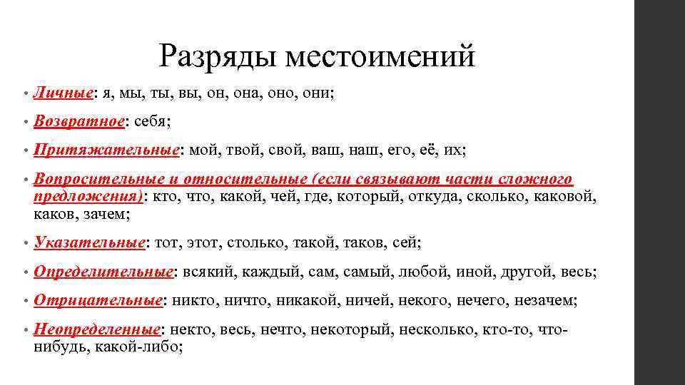 Разряды местоимений • Личные: я, мы, ты, вы, она, оно, они; • Возвратное: себя;