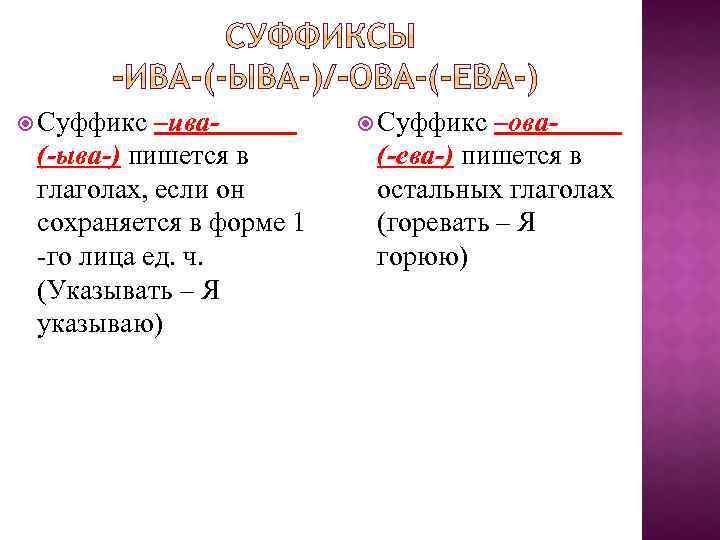  Суффикс –ива(-ыва-) пишется в глаголах, если он сохраняется в форме 1 -го лица