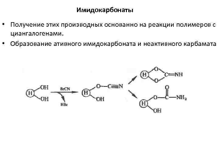 Имидокарбонаты • Получение этих производных основанно на реакции полимеров с циангалогенами. • Образование ативного