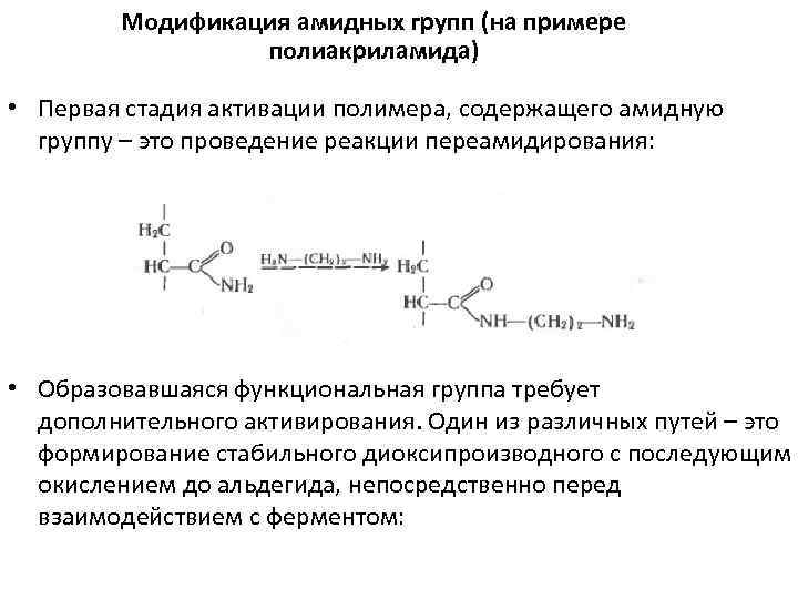 Модификация амидных групп (на примере полиакриламида) • Первая стадия активации полимера, содержащего амидную группу