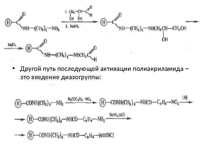  • Другой путь последующей активации полиакриламида – это введение диазогруппы: 
