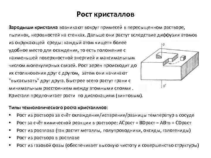 Рост кристаллов Зародыши кристалла возникают вокруг примесей в пересыщенном растворе, пылинок, неровностей на стенках.