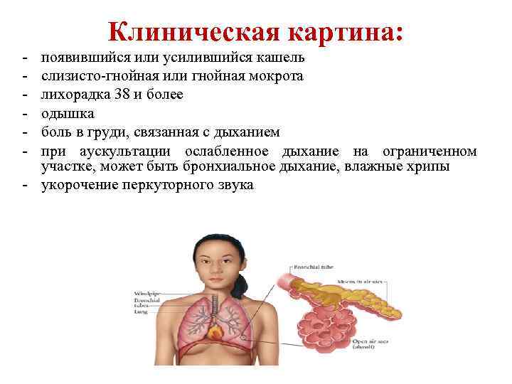 Клиническая картина: - появившийся или усилившийся кашель слизисто-гнойная или гнойная мокрота лихорадка 38 и