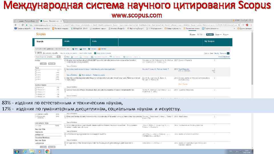 Международная система научного цитирования Scopus www. scopus. com 83% - издания по естественным и