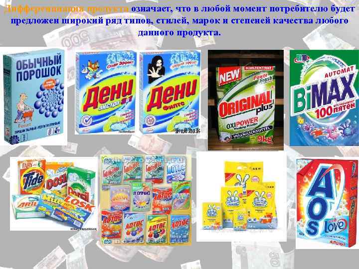 Дифференциация продукта означает, что в любой момент потребителю будет предложен широкий ряд типов, стилей,