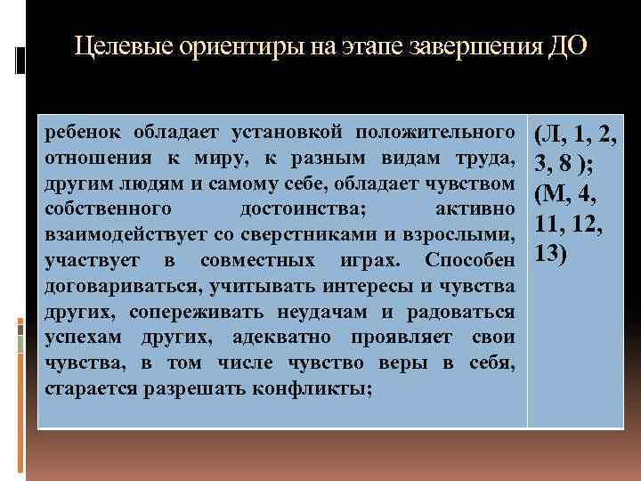 Целевые ориентиры на этапе завершения ДО ребенок обладает установкой положительного отношения к миру, к