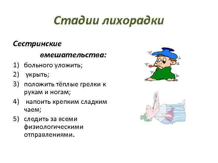 Стадии лихорадки Сестринские вмешательства: 1) больного уложить; 2) укрыть; 3) положить тёплые грелки к