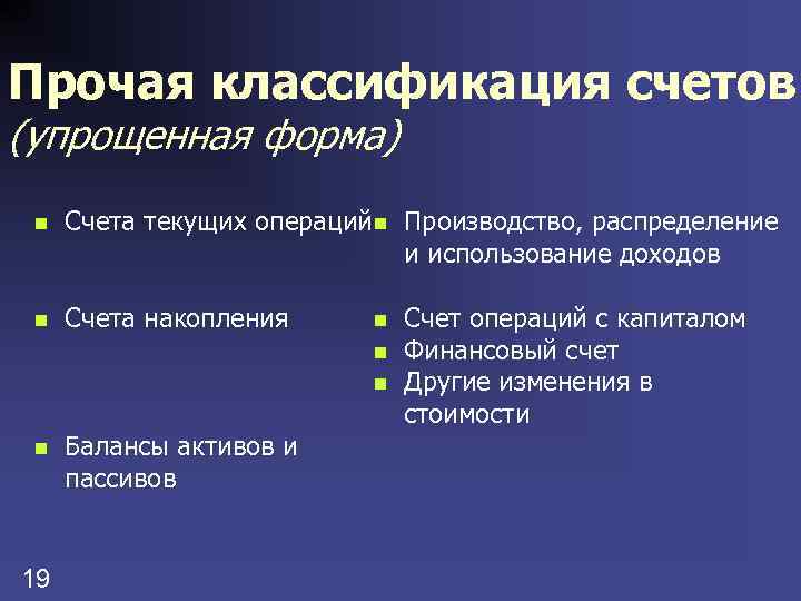 Прочая классификация счетов (упрощенная форма) n Счета текущих операций n Производство, распределение и использование