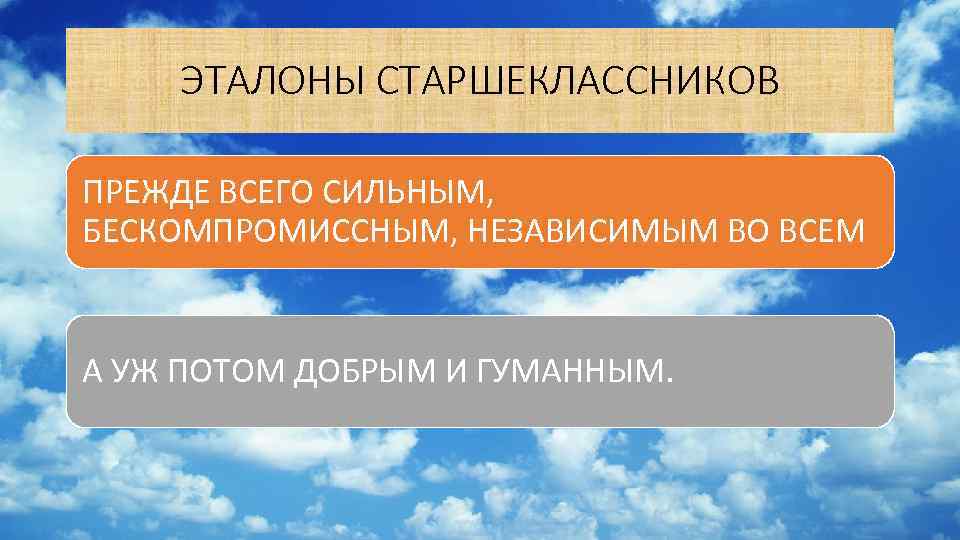 ЭТАЛОНЫ СТАРШЕКЛАССНИКОВ ПРЕЖДЕ ВСЕГО СИЛЬНЫМ, БЕСКОМПРОМИССНЫМ, НЕЗАВИСИМЫМ ВО ВСЕМ А УЖ ПОТОМ ДОБРЫМ И